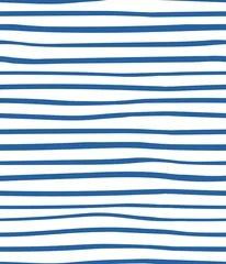 Uneven horizontal stripes simple nautical seamless geometric pattern, blue on white background. Hand drawn vector illustration. Design concept for kids fashion print, textile, wallpaper, packaging.