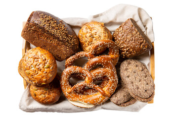 Different kinds of bread on wooden tray isolated on white. Top view.