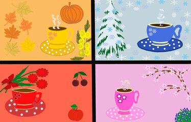 Seasons. On a pink background, a pink cup and spring flowers, on a red - an apple, cherries, flowers, on a yellow - autumn leaves, flowers, pumpkin, on a blue - a fir tree in the snow and snowflakes.
