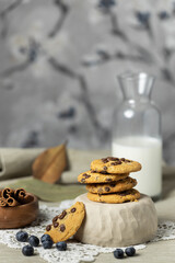 Horizontal capture of chocolate chip cookies lined upwards with bottle of milk, blueberries, cinnamon bark in wooden plate and lace ground in frame
