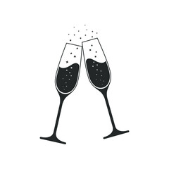 Clink glasses champagne graphic icon. Cheers with two champagne glasses sign isolated on white background. Vector illustration