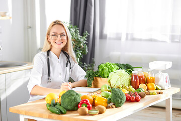 Portrait of young caucasian woman nutritionist in medical gown with fresh vegetables