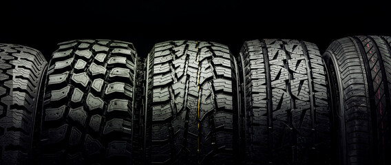 off-road tires and tires for crossovers and SUVs stand in a row on a black background - obrazy, fototapety, plakaty