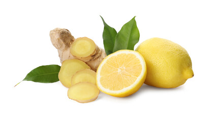 Fresh lemons and ginger on white background