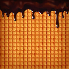 Hot chocolate flowing over a crispy sweet waffle. Waffle background with chocolate. vector illustration.