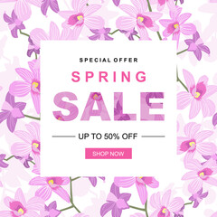Spring sale banner template with beautiful pink flowers on white background. Vector illustration.