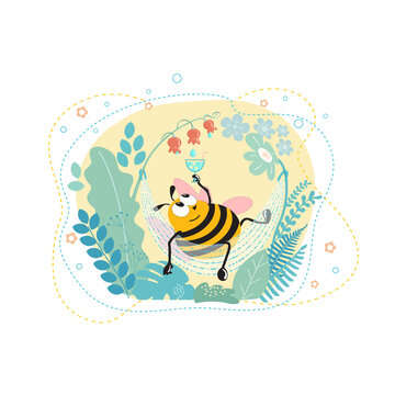 Cartoon bumblebee in a hammock, drinking nectar