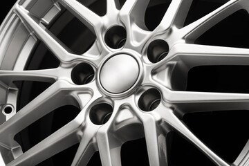 beautiful sporty alloy wheels forged in silver color, center part and cover close-up