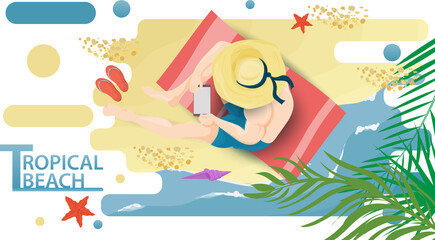 Vector illustration in a flat style on the theme of summer holidays and vacations on the shore of a tropical beach A guy with a tablet sits on a mat on a sea beach