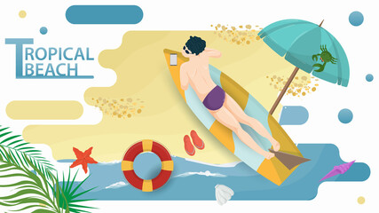 Obraz na płótnie Canvas Vector illustration in a flat style on the theme of summer holidays and vacations on the shore of a tropical beach A man is sunbathing lying on a surfboard on the beach