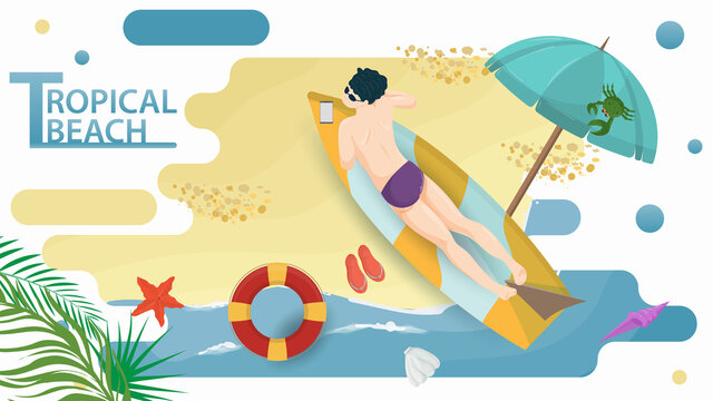 Vector illustration in a flat style on the theme of summer holidays and vacations on the shore of a tropical beach A man is sunbathing lying on a surfboard on the beach