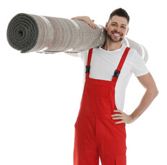 Male worker with rolled carpet on white background