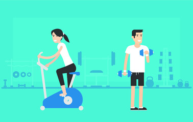 Vector illustration of sport and gym stuff on mint background. Healthy lifestyle and its attributes.