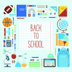 Vector illustration of school attributes and stationeries on white background. Back to school topic.