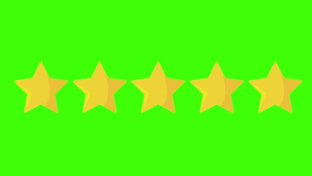 5 five yellow stars rating icon on green screen or chroma key.Movie review: five out of five. Vip Category superior first class premium score animation. 