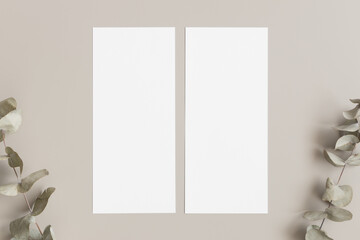 Two menu cards mockup with an eucalyptus deocoration, 4x9 ratio.