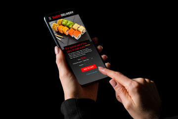 Woman ordering sushi on mobile phone for home delivery