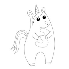Cute fairy unicorn holding number 3 three, coloring book in outline style, simple vector illustration