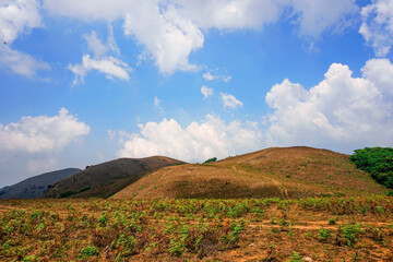 Green valley and mountain range with a moody sky