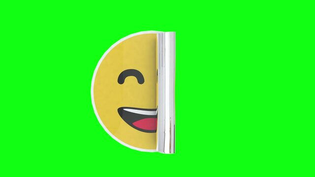 Phone emoji emoticon icon reaction sticker or decal happy face unrolling on green screen. Chroma key animation 3d