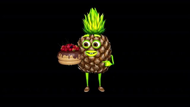Cartoon Pineapple Shows Cake Loop on Alpha Channel