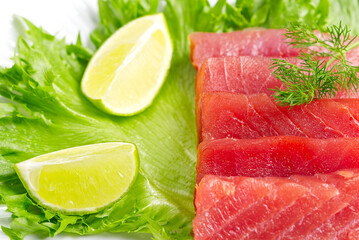 tuna sushi, Tuna carpaccio, tuna sashimi with vegetables. healthy eating with seafood, we cook at home