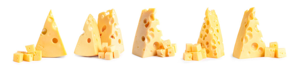 Set with pieces of delicious cheese on white background. Banner design