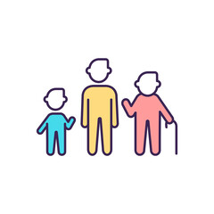 Growth stages RGB color icon. Biological age. Aging process. Childhood. Age and gender differences. Adolescence, adulthood. Physical development. Senior, elderly years. Isolated vector illustration