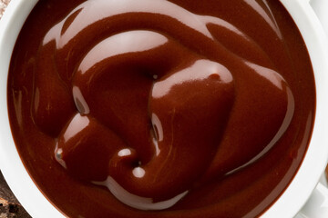 Close-up of delicious drinkable and thick hot chocolate (macro).