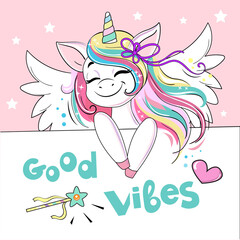 Beautiful unicorn with wings and the inscription Good vibes. Birthday card. Vector cartoon illustration. Cute cartoon funny animals holding poster © Lucky Project
