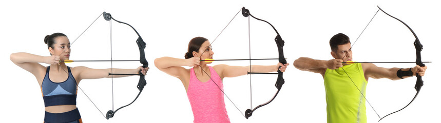 People practicing archery on white background, collage. Banner design