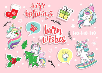 Christmas collection with winter unicorn stickers. Vector illustration