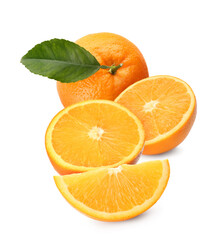 Tasty fresh ripe oranges on white background