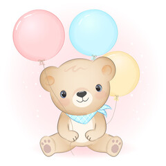 Fototapeta na wymiar Cute little bear with balloon hand drawn animal cartoon illustration
