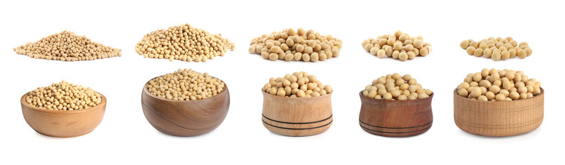 Set with soya beans on white background. Banner design