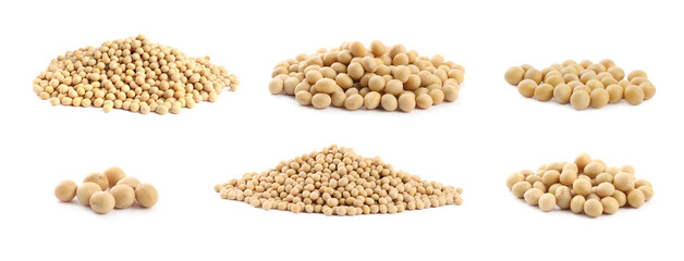 Set with soya beans on white background. Banner design