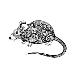 Ornate rat or mouse, zentangle stylized animal. Black and white hand-drawn rodent, sign of astrology, year of birth, symbol of wealth. Unique trendy monochrome picture for prints, decor