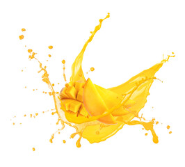 Splash of delicious mango juice on white background