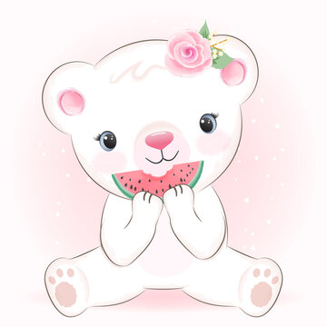 Cute Little Bear and watermelon, cartoon illustration
