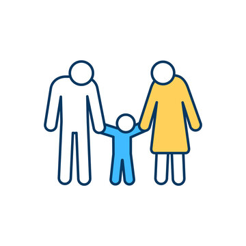 Nuclear family RGB color icon. Basic social unit. Two parents and toddler. Parental rights. Adopting child. Social, emotional health. Partnership, parenthood. Kid custody. Isolated vector illustration