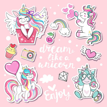 Collection of cartoon unicorns and lettering Dream like a unicorn. Modern patch badges. Funny animals for birthday