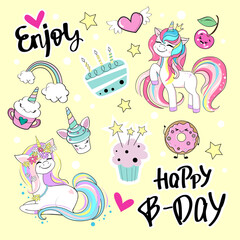 Set of birthday stickers with unicorn and kawaii style cake on yellow background. Vector cartoon illustration