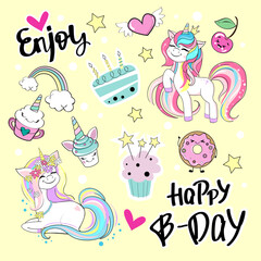 Obraz premium Set of birthday stickers with unicorn and kawaii style cake on yellow background. Vector cartoon illustration