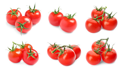 Set with fresh organic cherry tomatoes on white background. Banner design