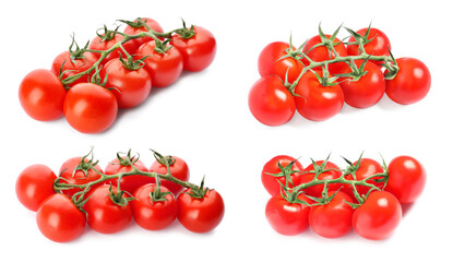 Set with fresh organic cherry tomatoes on white background