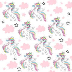 Obraz na płótnie Canvas Beautiful unicorn and pink clouds seamless pattern. Vector cartoon illustration. Funny animals