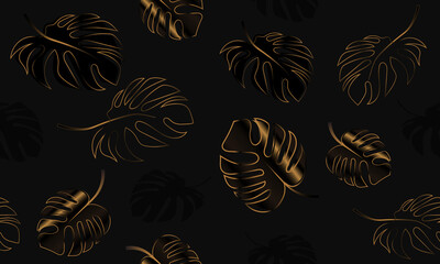Vector Seamless Luxurious Golden Pattern. Elegant Jungle Background with Monstera Leaves on a Dark Background. Usesful for Packaging, Wrapping paper, Ads Baner and Prints.