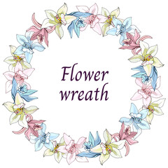 Fototapeta na wymiar Spring floral wreath of tropical flowers, cut out on a white background. Vector hand drawn lily and vanilla.