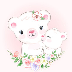Cute Little bear and mom, mother day concept  illustration
