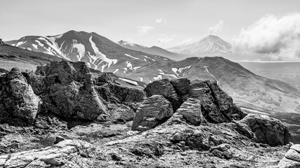 Black and white view near the Ilyinsky Volcano, Kamchatka Peninsula, Russia